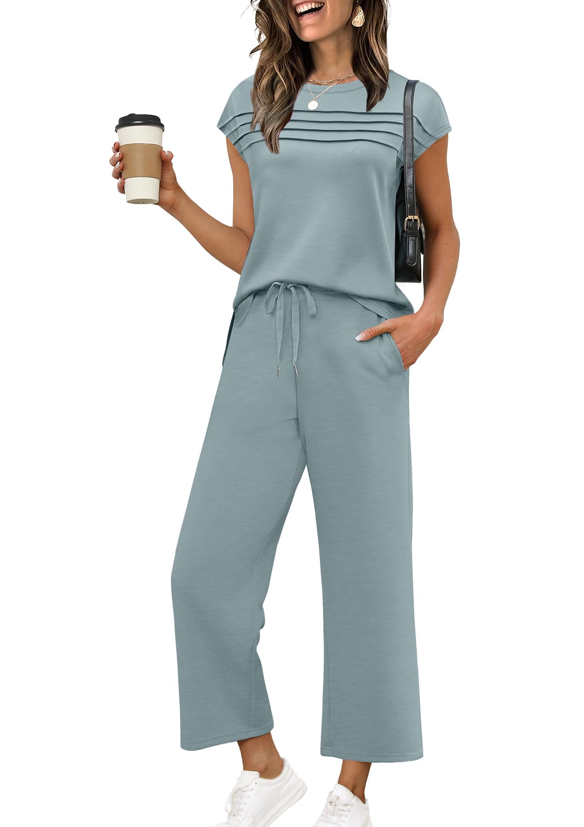 WIHOLL Two Piece Sets for Women Summer Travel Vacation Outfits Cap Sleeve Lounge Matching Sets Wide Leg Pants S - 3XL - 7DAY'S