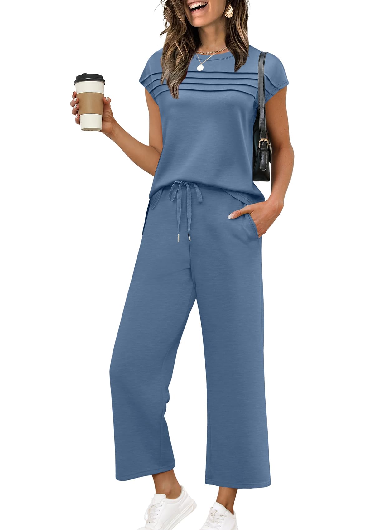 WIHOLL Two Piece Sets for Women Summer Travel Vacation Outfits Cap Sleeve Lounge Matching Sets Wide Leg Pants S - 3XL - 7DAY'S