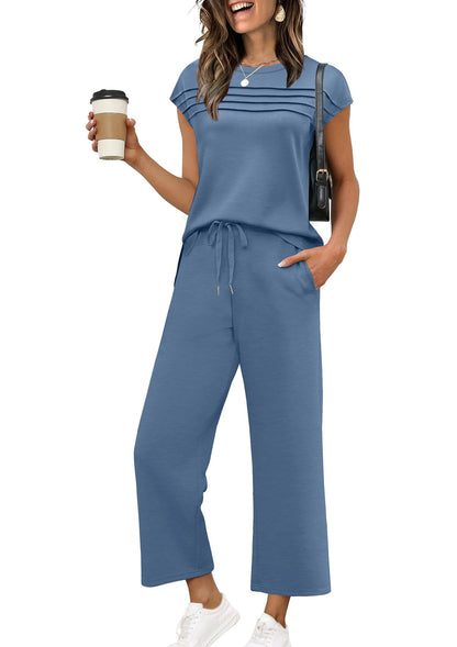 WIHOLL Two Piece Sets for Women Summer Travel Vacation Outfits Cap Sleeve Lounge Matching Sets Wide Leg Pants S - 3XL - 7DAY'S