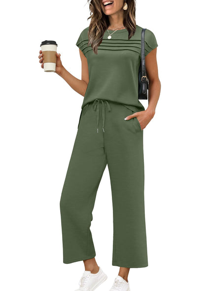 WIHOLL Two Piece Sets for Women Summer Travel Vacation Outfits Cap Sleeve Lounge Matching Sets Wide Leg Pants S - 3XL - 7DAY'S
