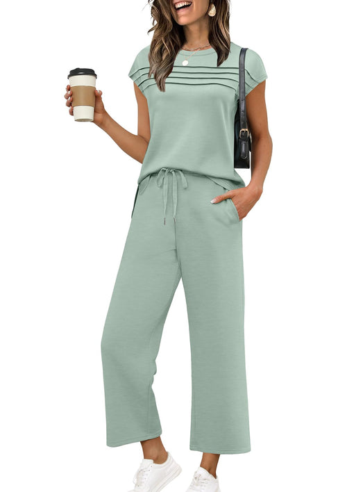 WIHOLL Two Piece Sets for Women Summer Travel Vacation Outfits Cap Sleeve Lounge Matching Sets Wide Leg Pants S - 3XL - 7DAY'S