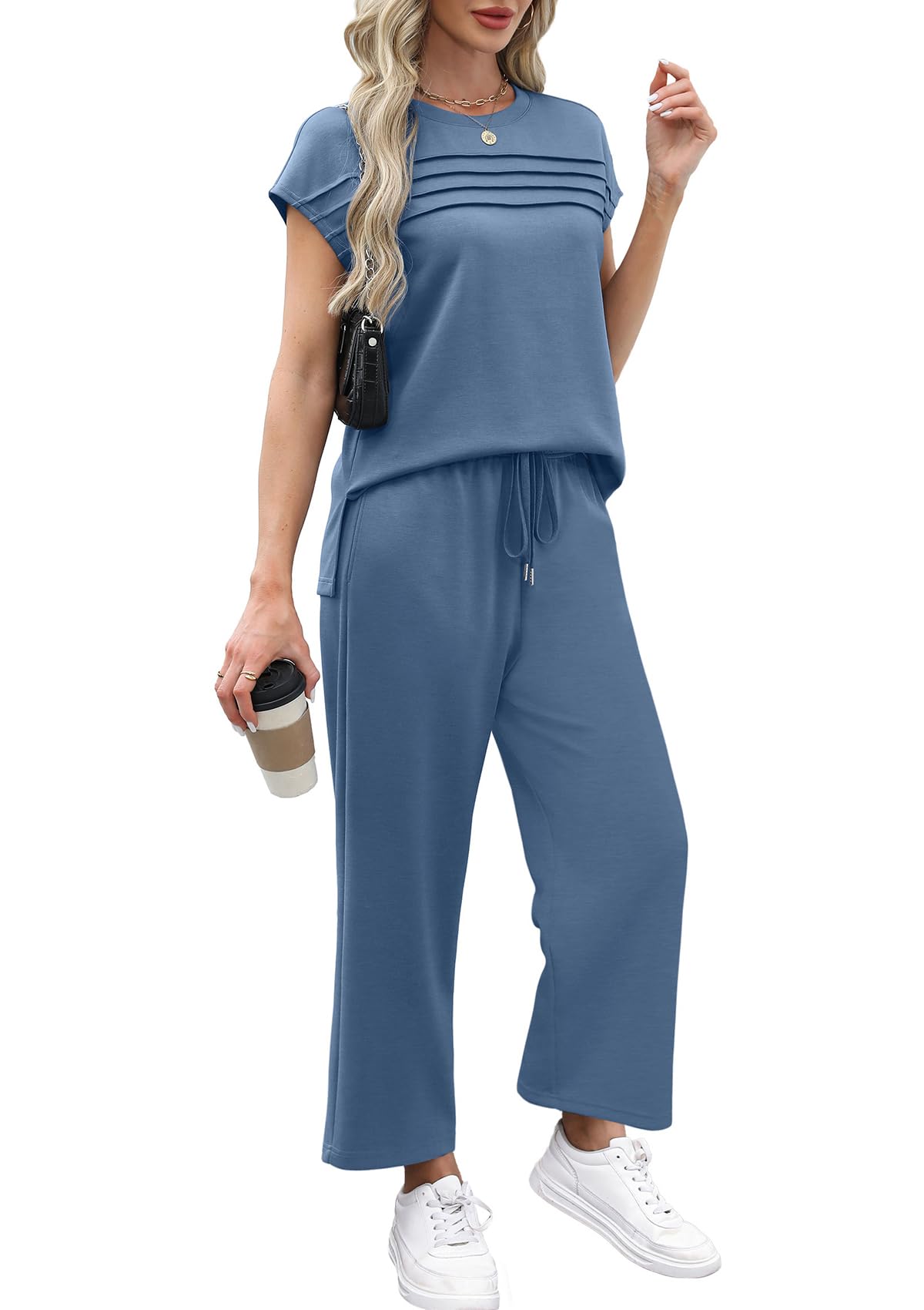 WIHOLL Two Piece Sets for Women Summer Travel Vacation Outfits Cap Sleeve Lounge Matching Sets Wide Leg Pants S - 3XL - 7DAY'S