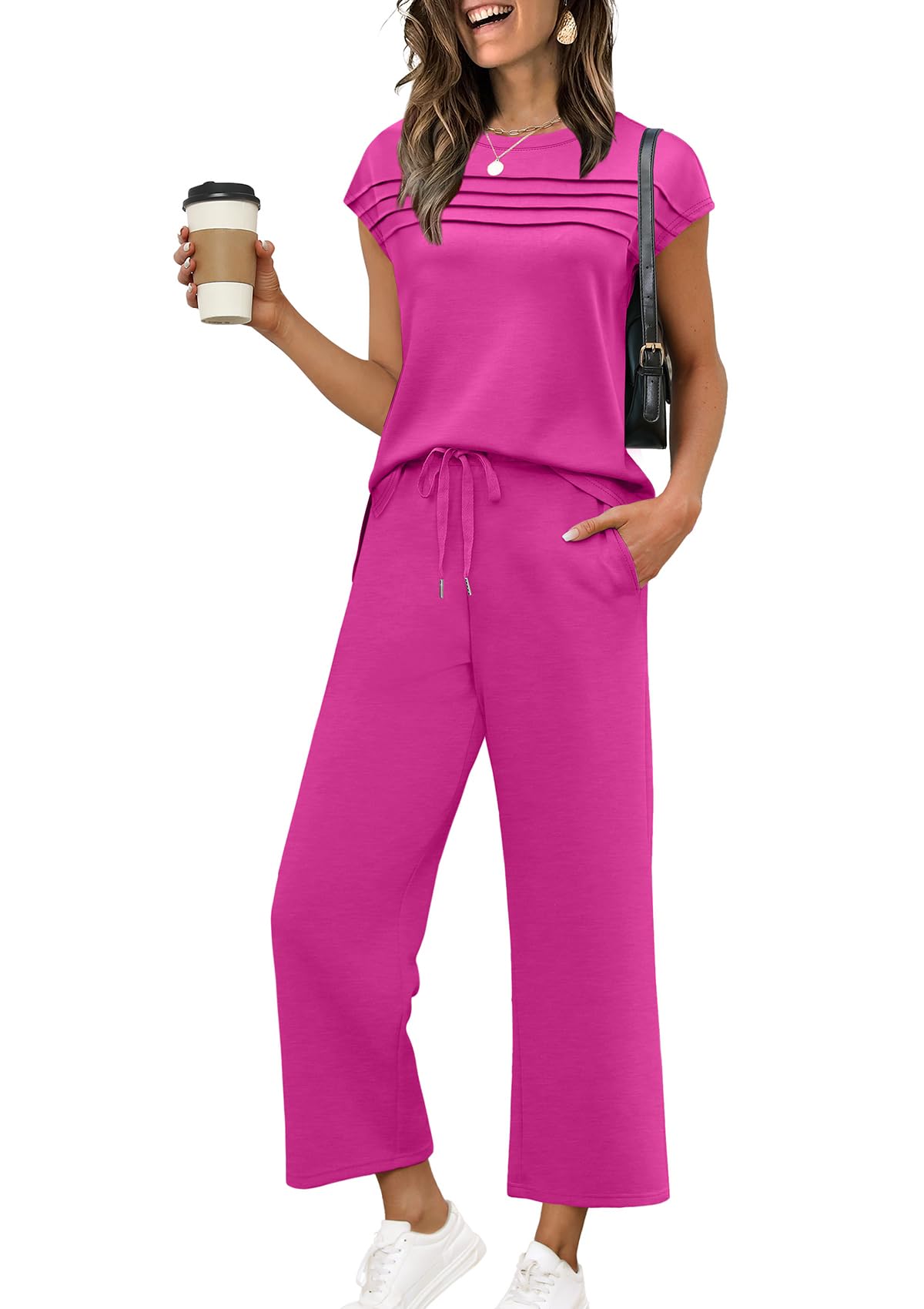 WIHOLL Two Piece Sets for Women Summer Travel Vacation Outfits Cap Sleeve Lounge Matching Sets Wide Leg Pants S - 3XL - 7DAY'S
