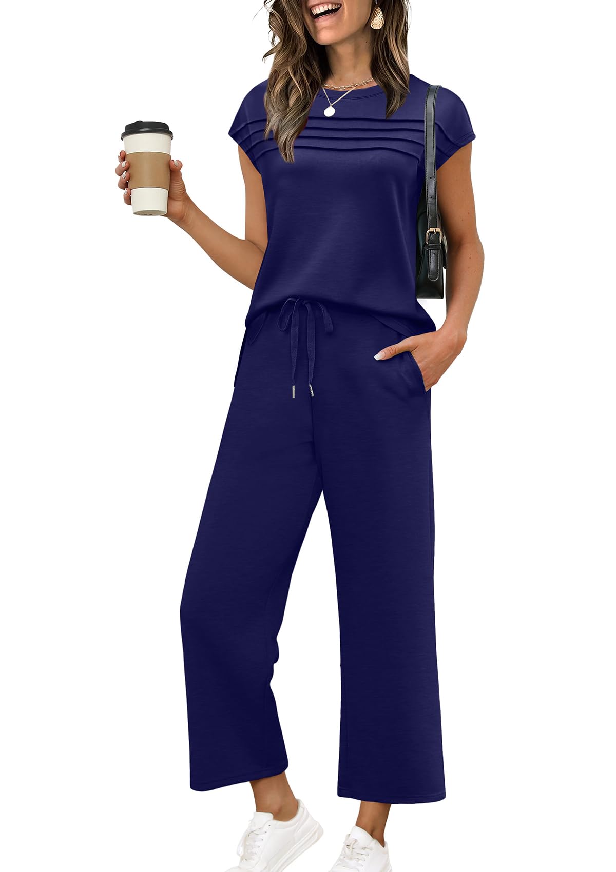WIHOLL Two Piece Sets for Women Summer Travel Vacation Outfits Cap Sleeve Lounge Matching Sets Wide Leg Pants S - 3XL - 7DAY'S