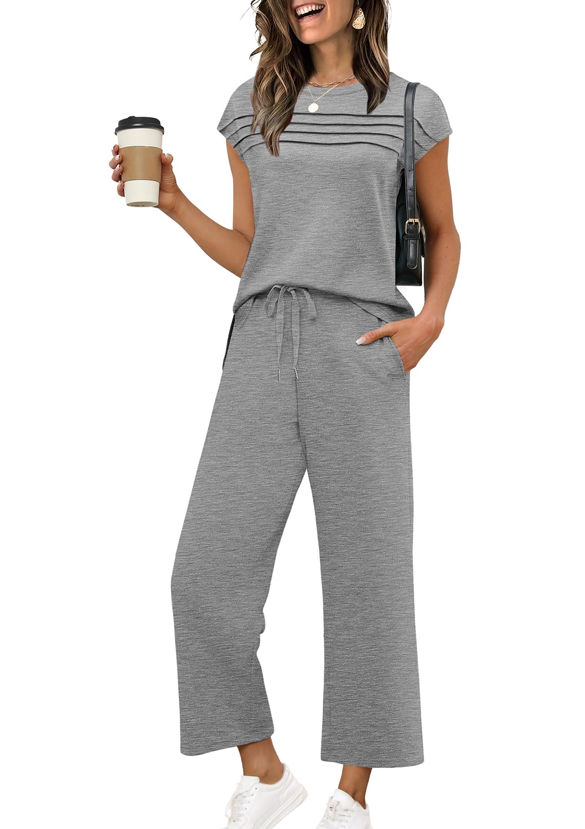 WIHOLL Two Piece Sets for Women Summer Travel Vacation Outfits Cap Sleeve Lounge Matching Sets Wide Leg Pants S - 3XL - 7DAY'S