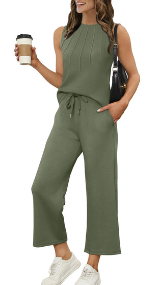 WIHOLL Two Piece Sets for Women Summer Vacation Travel Outfits Pleated Tank Top Wide Leg Crop Pants Matching Lounge Sets - 7DAY'S