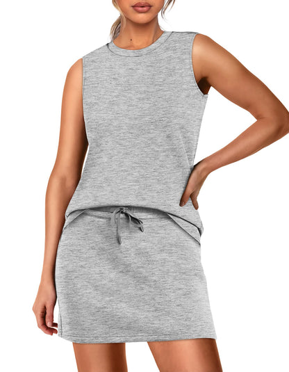 WIHOLL Two Piece Skirt Sets for Women Summer Vacation Outfits Tennis Skirt Crew Neck Top Versatile Lounge Sets - 7DAY'S