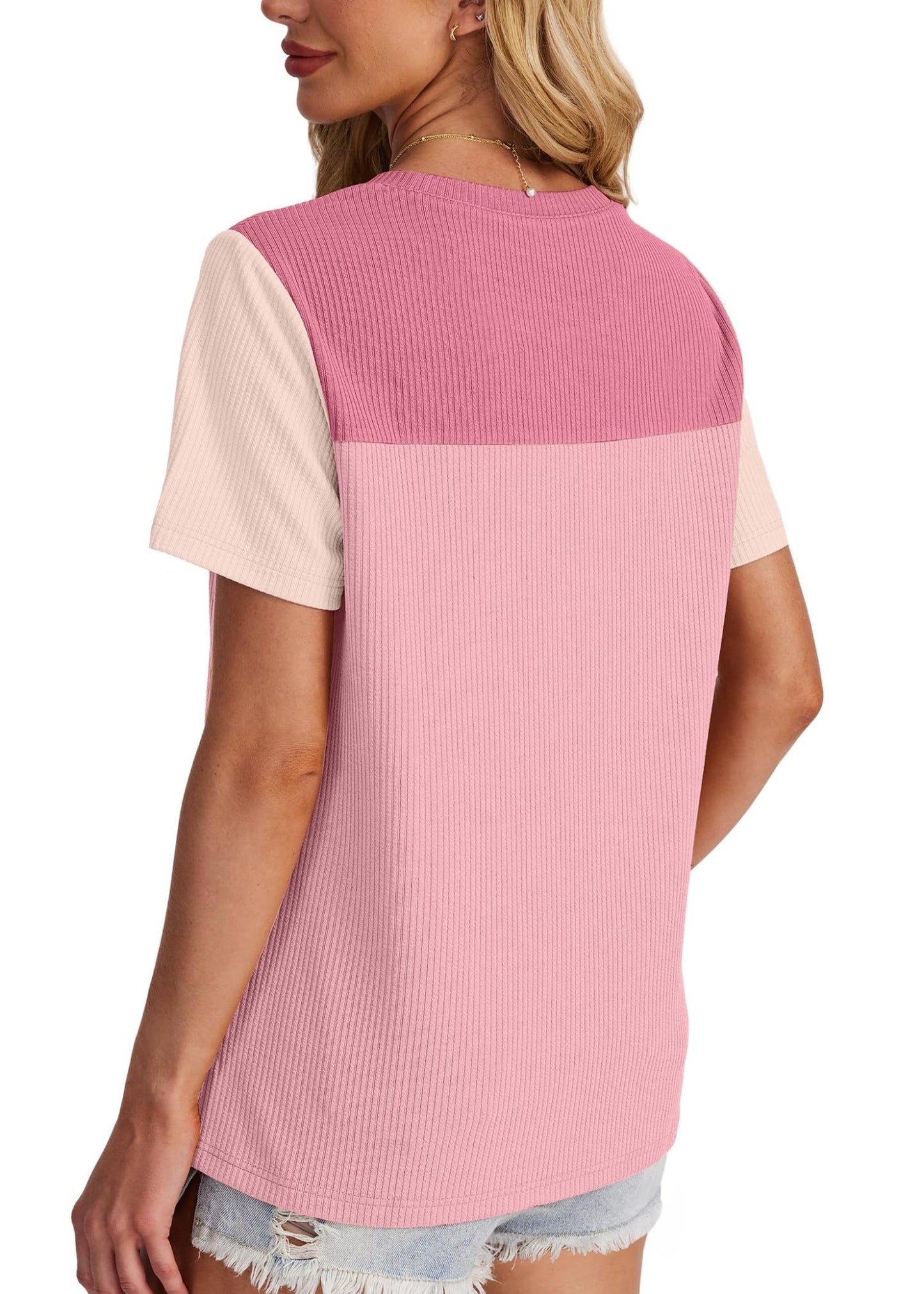 WIHOLL Womens Fashion 2025 Color Block Shirts Short Sleeve Crewneck Knitted Spring Summer Tops Casual Trendy - 7DAY'S