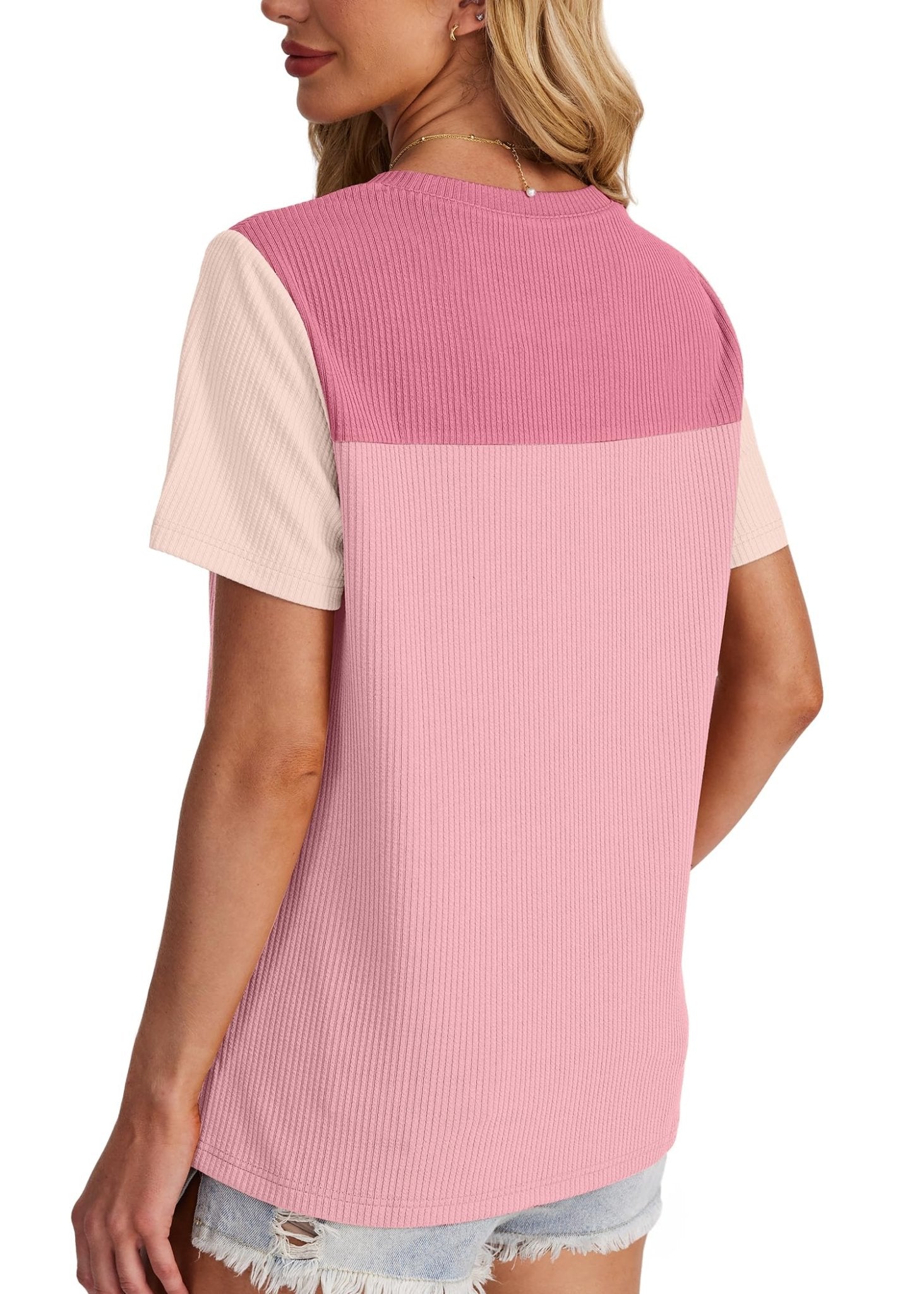WIHOLL Womens Fashion 2025 Color Block Shirts Short Sleeve Crewneck Knitted Spring Summer Tops Casual Trendy - 7DAY'S