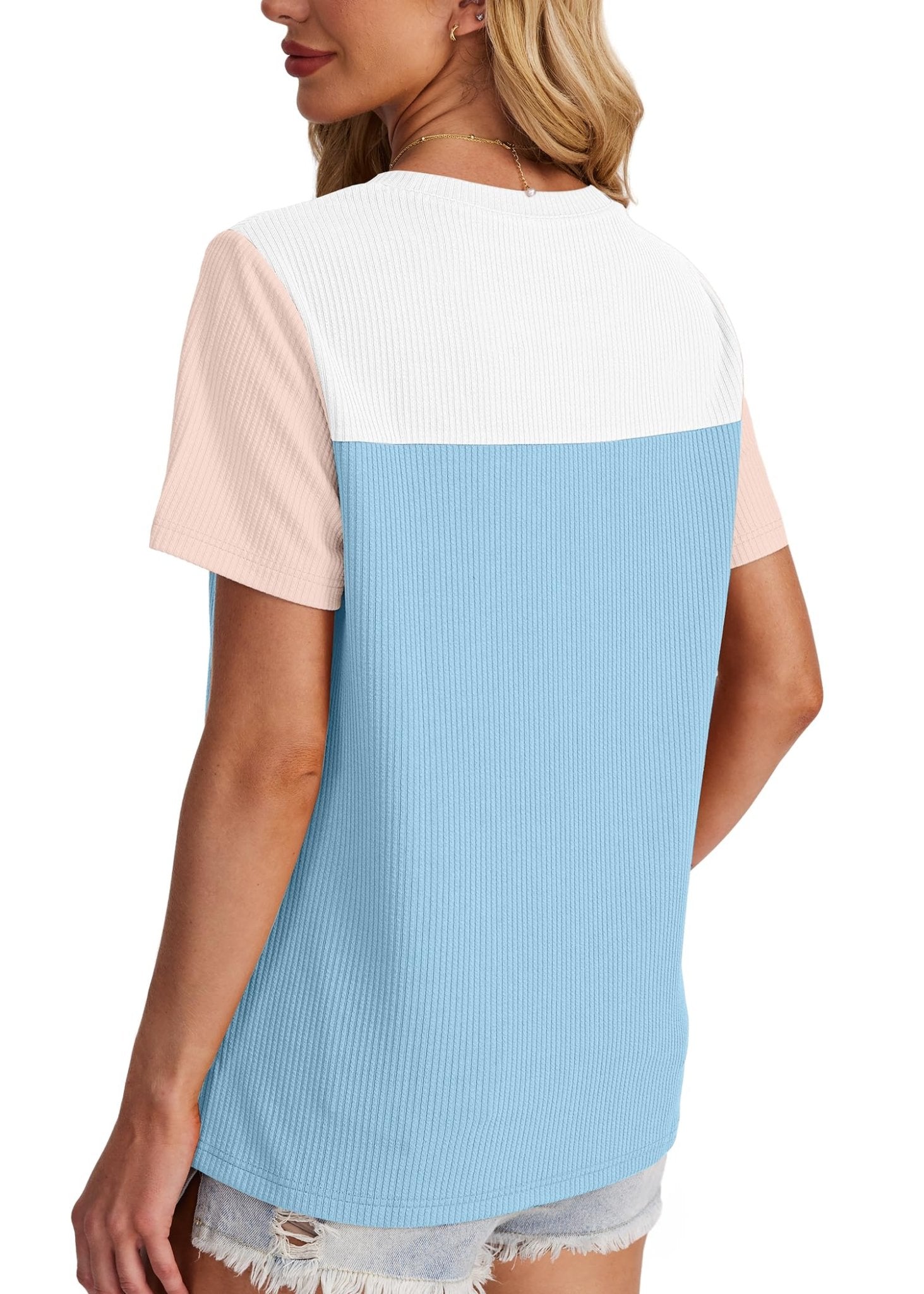 WIHOLL Womens Fashion 2025 Color Block Shirts Short Sleeve Crewneck Knitted Spring Summer Tops Casual Trendy - 7DAY'S
