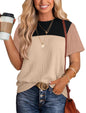 WIHOLL Womens Fashion 2025 Color Block Shirts Short Sleeve Crewneck Knitted Spring Summer Tops Casual Trendy - 7DAY'S