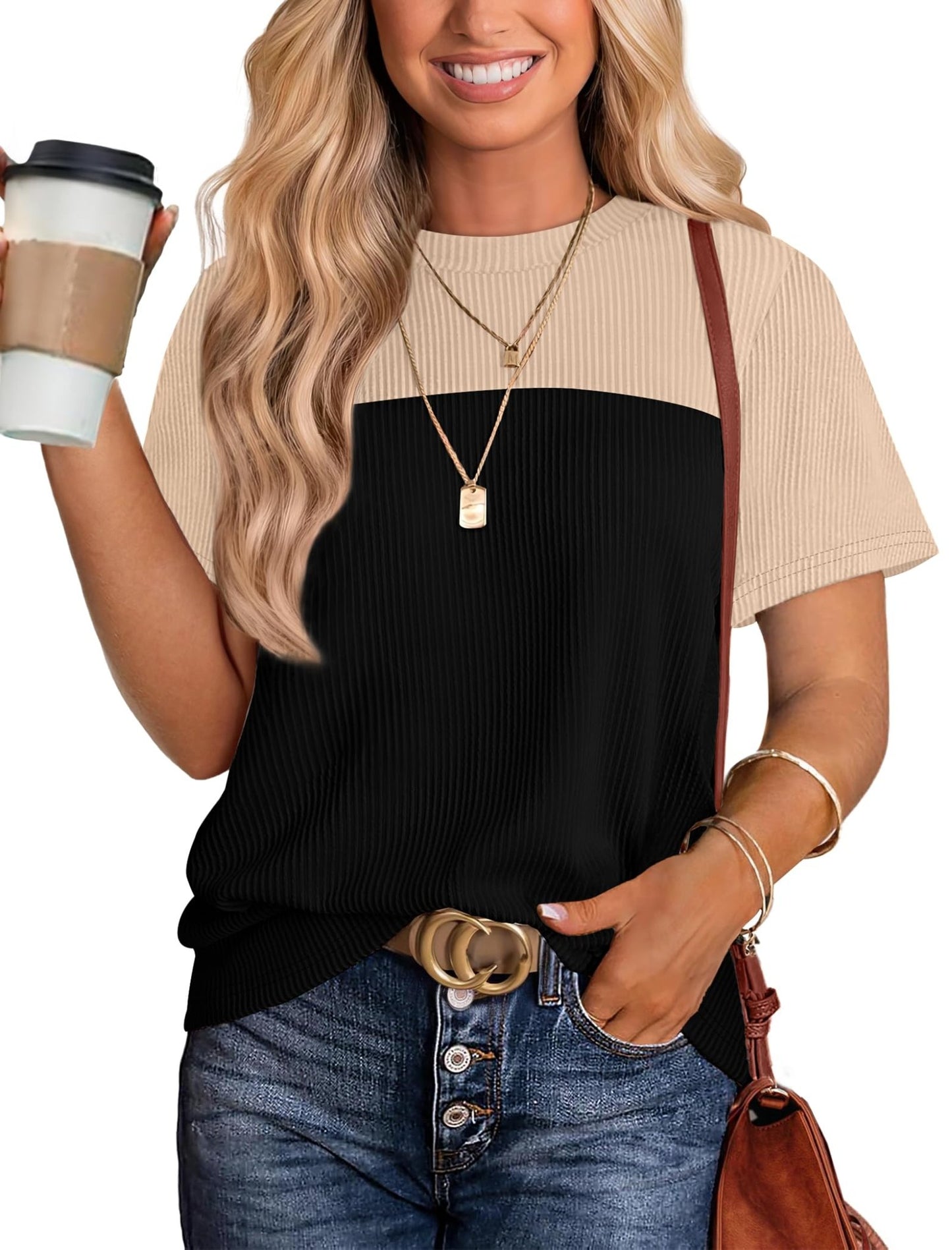 WIHOLL Womens Fashion 2025 Color Block Shirts Short Sleeve Crewneck Knitted Spring Summer Tops Casual Trendy - 7DAY'S