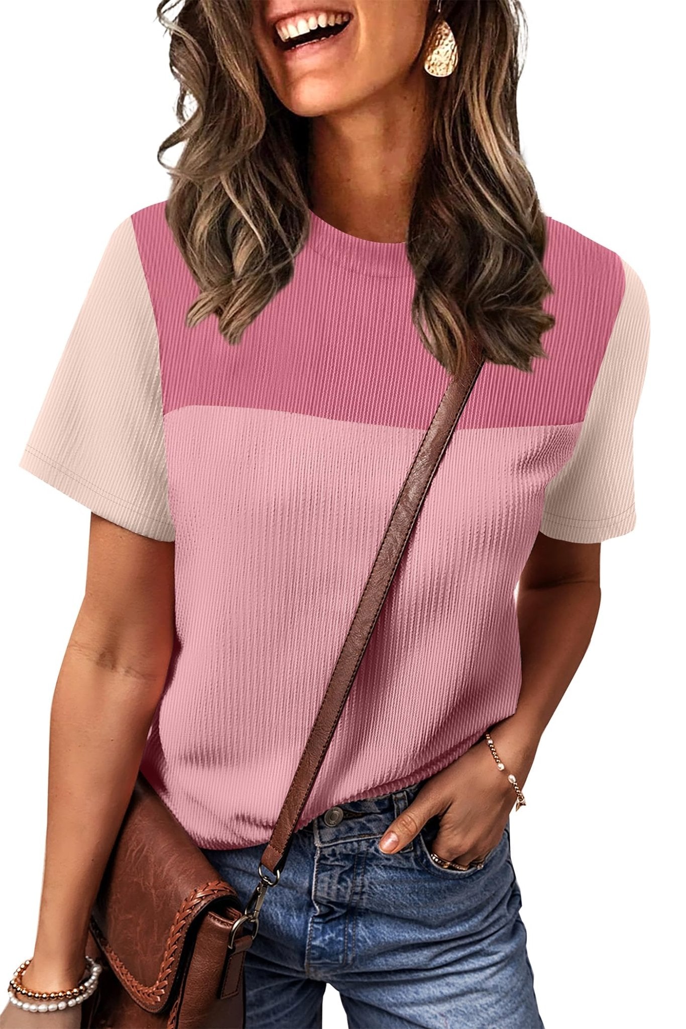 WIHOLL Womens Fashion 2025 Color Block Shirts Short Sleeve Crewneck Knitted Spring Summer Tops Casual Trendy - 7DAY'S