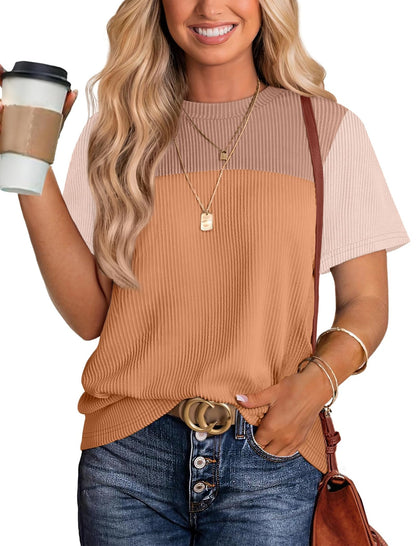 WIHOLL Womens Fashion 2025 Color Block Shirts Short Sleeve Crewneck Knitted Spring Summer Tops Casual Trendy - 7DAY'S