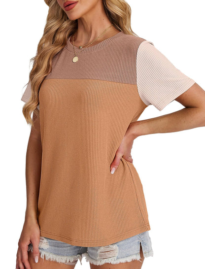 WIHOLL Womens Fashion 2025 Color Block Shirts Short Sleeve Crewneck Knitted Spring Summer Tops Casual Trendy - 7DAY'S