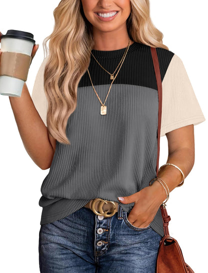 WIHOLL Womens Fashion 2025 Color Block Shirts Short Sleeve Crewneck Knitted Spring Summer Tops Casual Trendy - 7DAY'S
