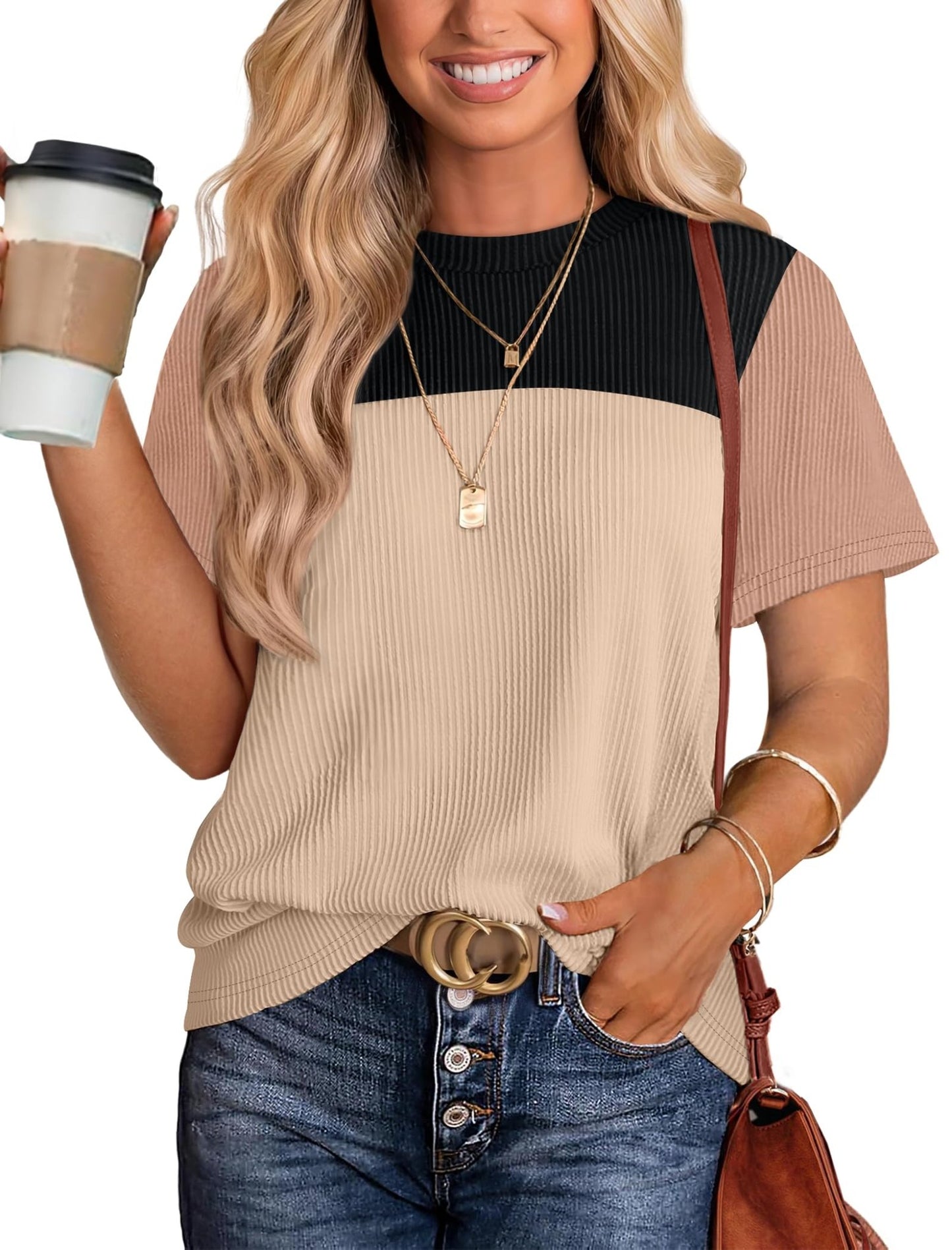 WIHOLL Womens Fashion 2025 Color Block Shirts Short Sleeve Crewneck Knitted Spring Summer Tops Casual Trendy - 7DAY'S