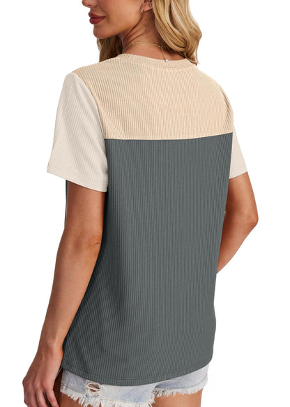 WIHOLL Womens Fashion 2025 Color Block Shirts Short Sleeve Crewneck Knitted Spring Summer Tops Casual Trendy - 7DAY'S