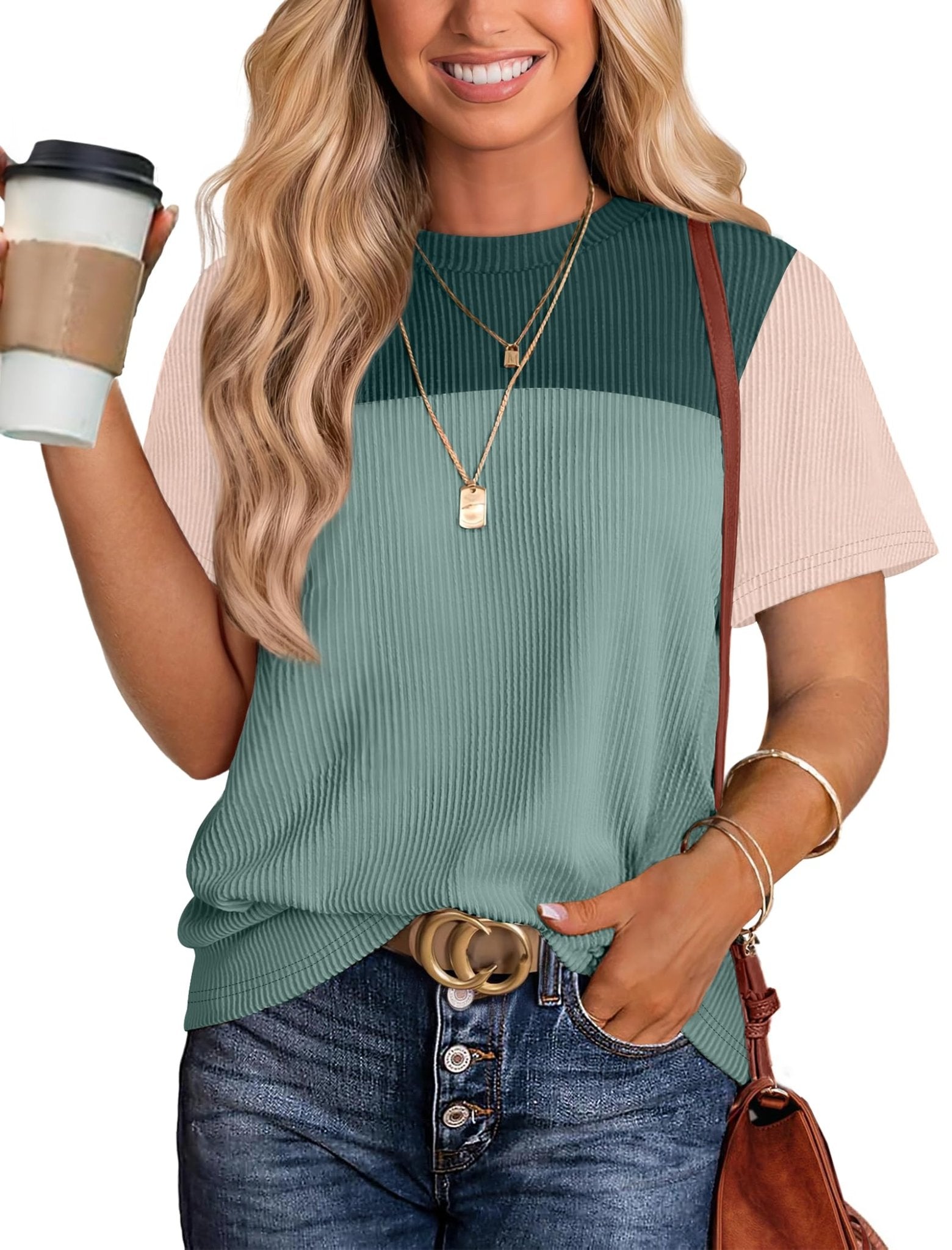 WIHOLL Womens Fashion 2025 Color Block Shirts Short Sleeve Crewneck Knitted Spring Summer Tops Casual Trendy - 7DAY'S