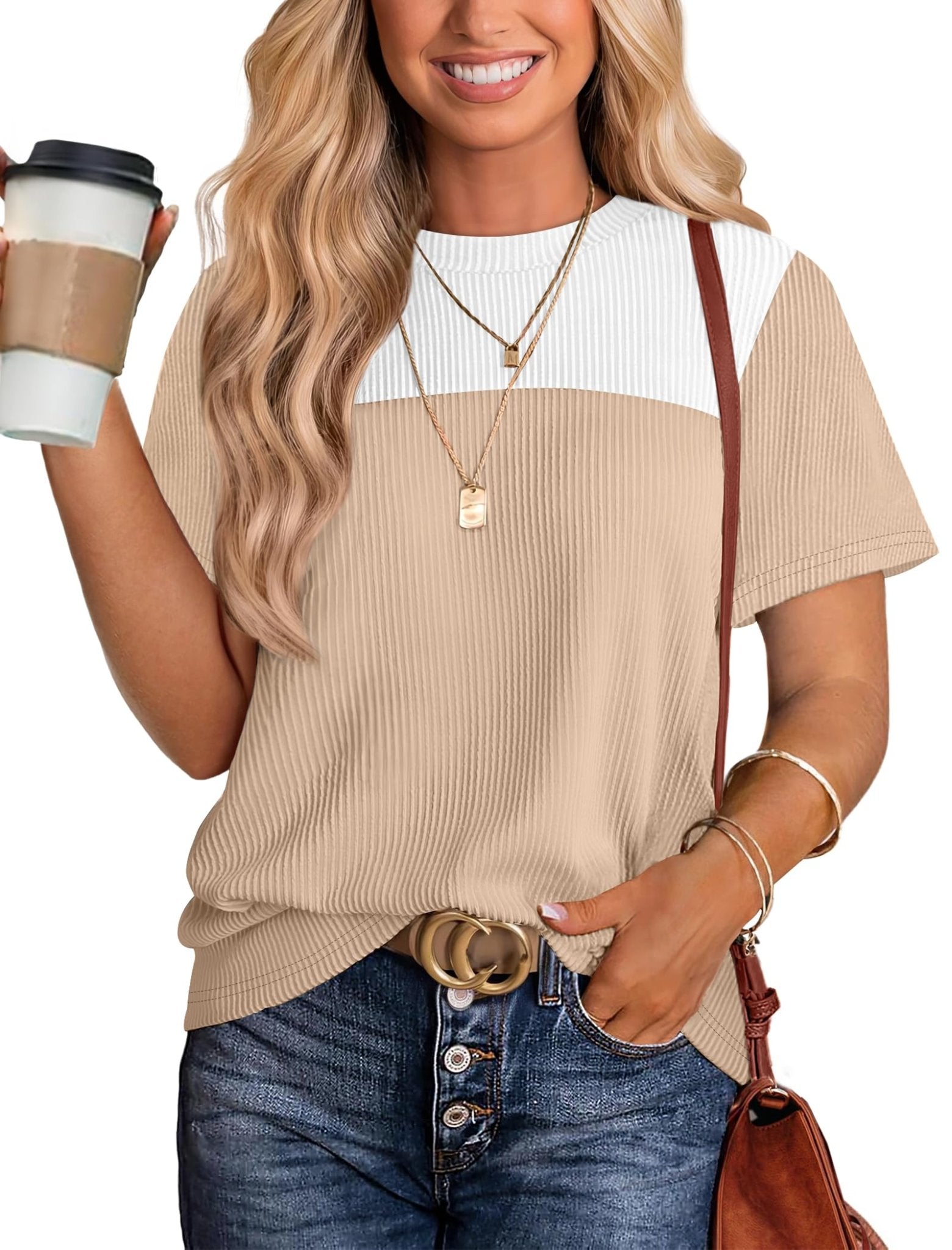 WIHOLL Womens Fashion 2025 Color Block Shirts Short Sleeve Crewneck Knitted Spring Summer Tops Casual Trendy - 7DAY'S
