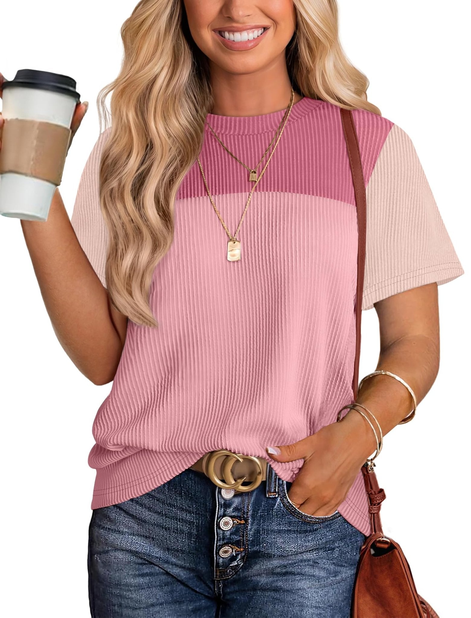WIHOLL Womens Fashion 2025 Color Block Shirts Short Sleeve Crewneck Knitted Spring Summer Tops Casual Trendy - 7DAY'S