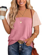 WIHOLL Womens Fashion 2025 Color Block Shirts Short Sleeve Crewneck Knitted Spring Summer Tops Casual Trendy - 7DAY'S