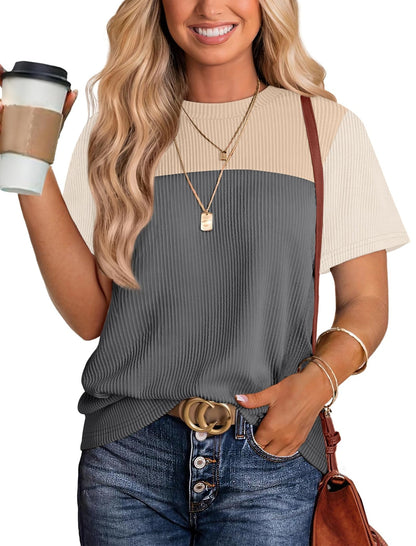 WIHOLL Womens Fashion 2025 Color Block Shirts Short Sleeve Crewneck Knitted Spring Summer Tops Casual Trendy - 7DAY'S