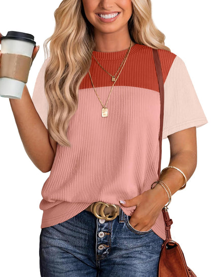WIHOLL Womens Fashion 2025 Color Block Shirts Short Sleeve Crewneck Knitted Spring Summer Tops Casual Trendy - 7DAY'S