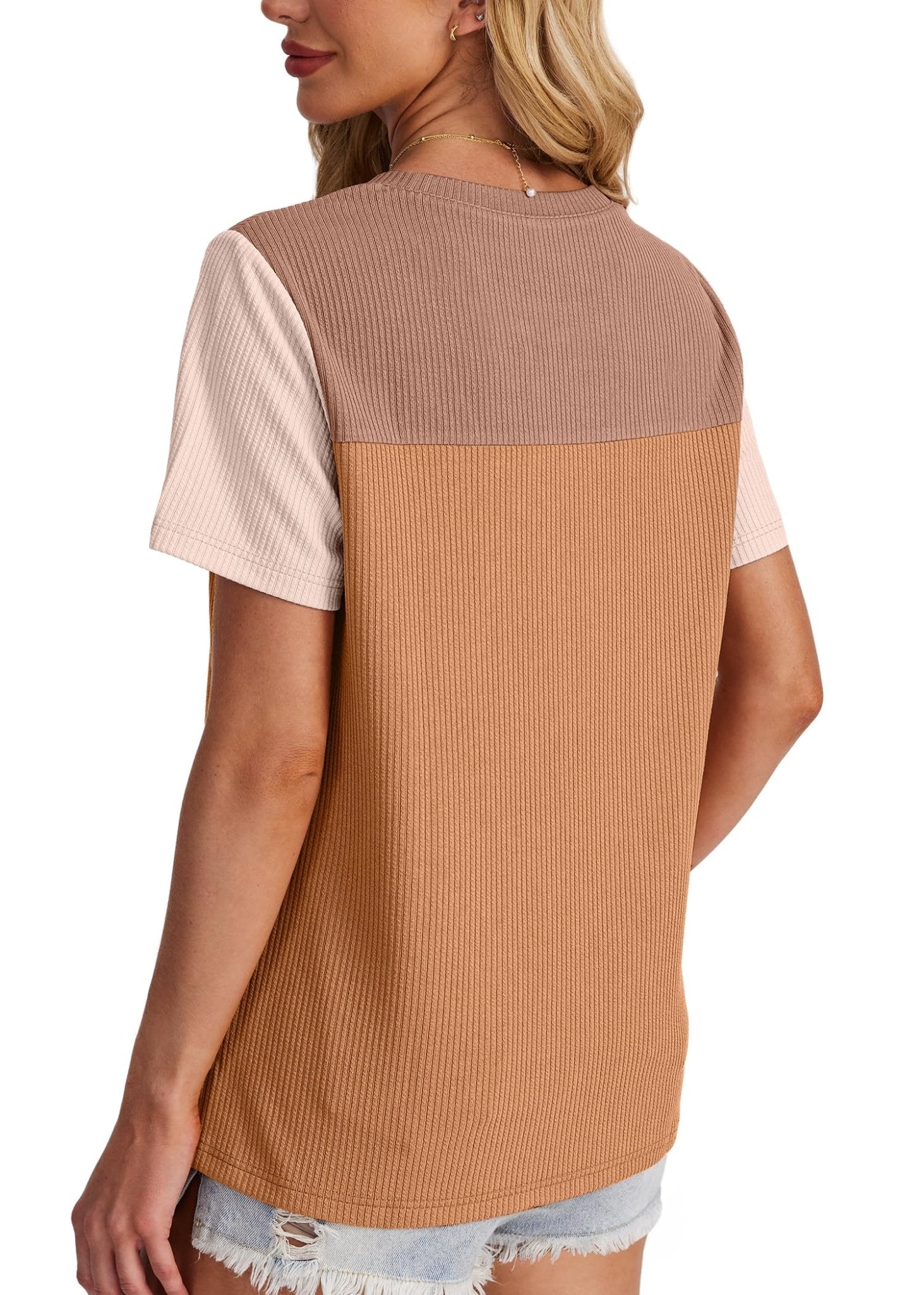 WIHOLL Womens Fashion 2025 Color Block Shirts Short Sleeve Crewneck Knitted Spring Summer Tops Casual Trendy - 7DAY'S