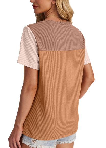 WIHOLL Womens Fashion 2025 Color Block Shirts Short Sleeve Crewneck Knitted Spring Summer Tops Casual Trendy - 7DAY'S
