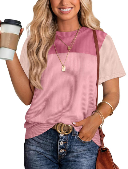 WIHOLL Womens Fashion 2025 Color Block Shirts Short Sleeve Crewneck Knitted Spring Summer Tops Casual Trendy - 7DAY'S