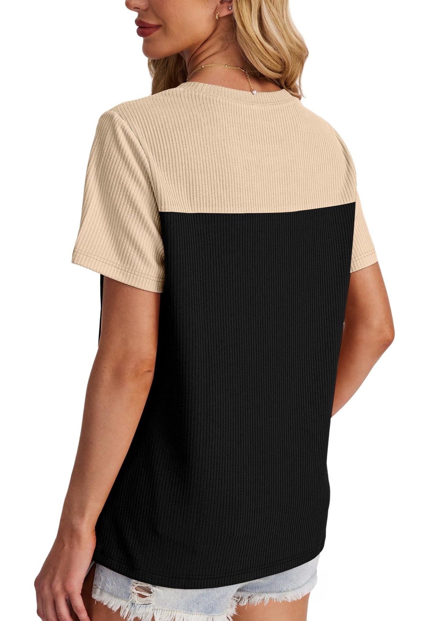 WIHOLL Womens Fashion 2025 Color Block Shirts Short Sleeve Crewneck Knitted Spring Summer Tops Casual Trendy - 7DAY'S