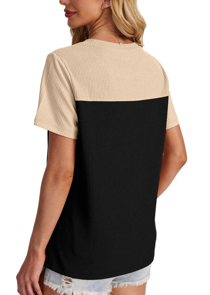 WIHOLL Womens Fashion 2025 Color Block Shirts Short Sleeve Crewneck Knitted Spring Summer Tops Casual Trendy - 7DAY'S