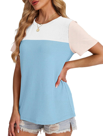 WIHOLL Womens Fashion 2025 Color Block Shirts Short Sleeve Crewneck Knitted Spring Summer Tops Casual Trendy - 7DAY'S