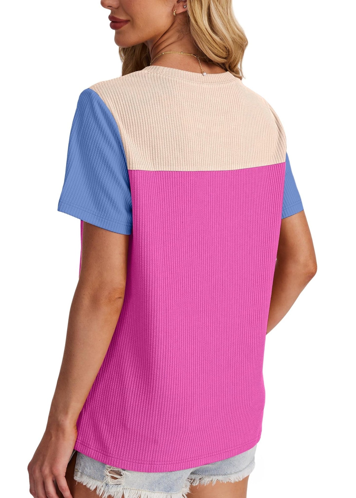 WIHOLL Womens Fashion 2025 Color Block Shirts Short Sleeve Crewneck Knitted Spring Summer Tops Casual Trendy - 7DAY'S