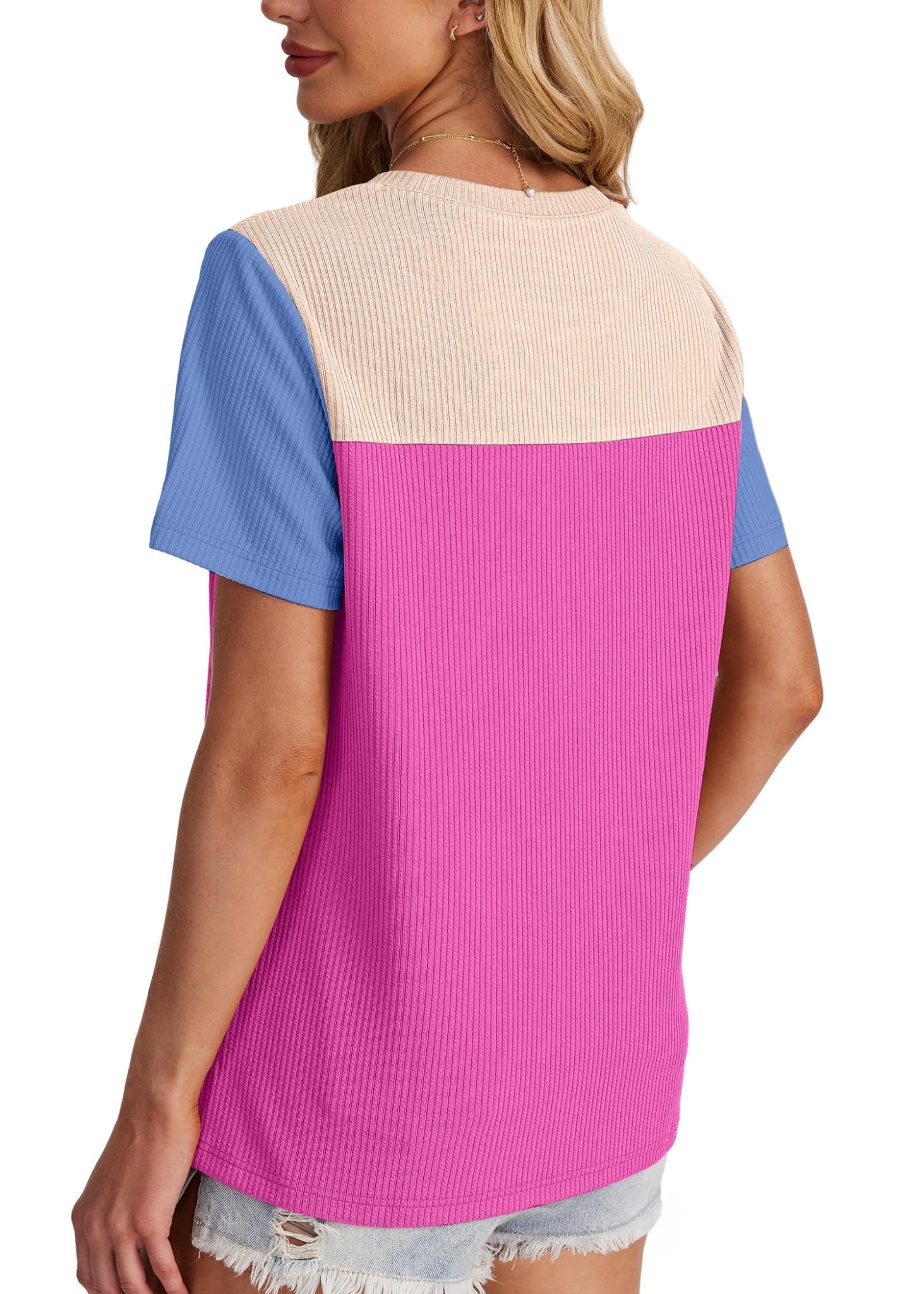 WIHOLL Womens Fashion 2025 Color Block Shirts Short Sleeve Crewneck Knitted Spring Summer Tops Casual Trendy - 7DAY'S