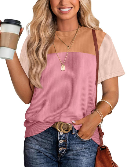 WIHOLL Womens Fashion 2025 Color Block Shirts Short Sleeve Crewneck Knitted Spring Summer Tops Casual Trendy - 7DAY'S