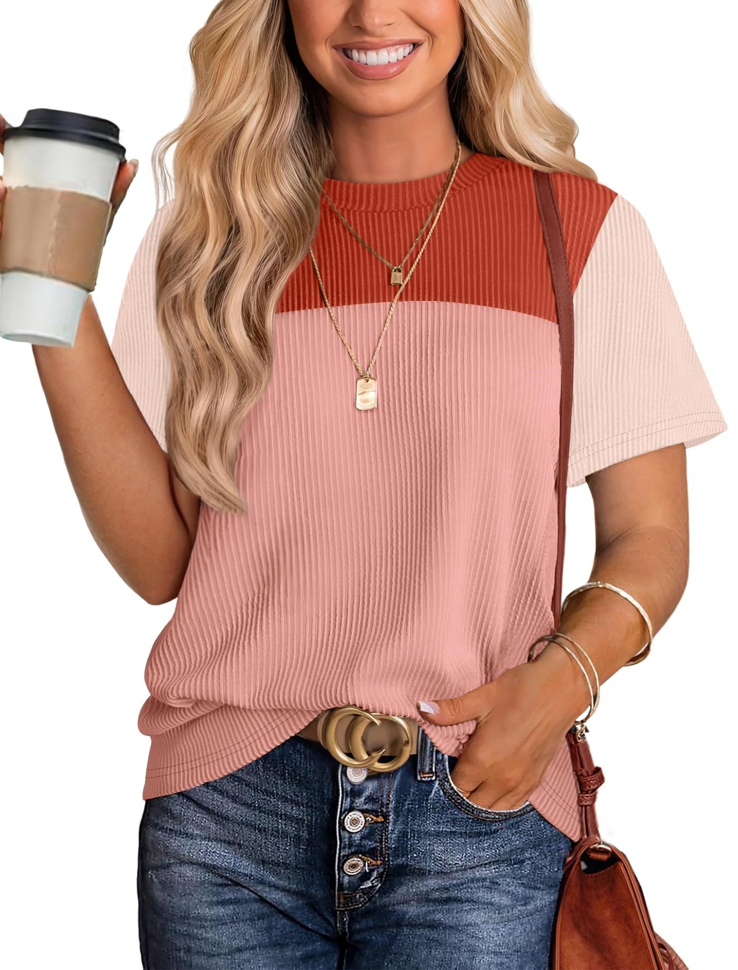 WIHOLL Womens Fashion 2025 Color Block Shirts Short Sleeve Crewneck Knitted Spring Summer Tops Casual Trendy - 7DAY'S