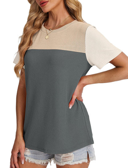 WIHOLL Womens Fashion 2025 Color Block Shirts Short Sleeve Crewneck Knitted Spring Summer Tops Casual Trendy - 7DAY'S