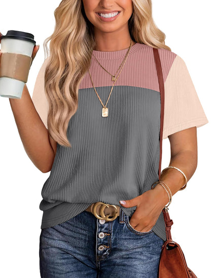 WIHOLL Womens Fashion 2025 Color Block Shirts Short Sleeve Crewneck Knitted Spring Summer Tops Casual Trendy - 7DAY'S