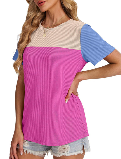 WIHOLL Womens Fashion 2025 Color Block Shirts Short Sleeve Crewneck Knitted Spring Summer Tops Casual Trendy - 7DAY'S