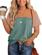WIHOLL Womens Fashion 2025 Color Block Shirts Short Sleeve Crewneck Knitted Spring Summer Tops Casual Trendy - 7DAY'S