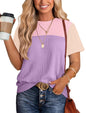 WIHOLL Womens Fashion 2025 Color Block Shirts Short Sleeve Crewneck Knitted Spring Summer Tops Casual Trendy - 7DAY'S