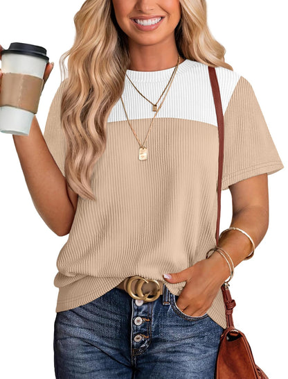 WIHOLL Womens Fashion 2025 Color Block Shirts Short Sleeve Crewneck Knitted Spring Summer Tops Casual Trendy - 7DAY'S