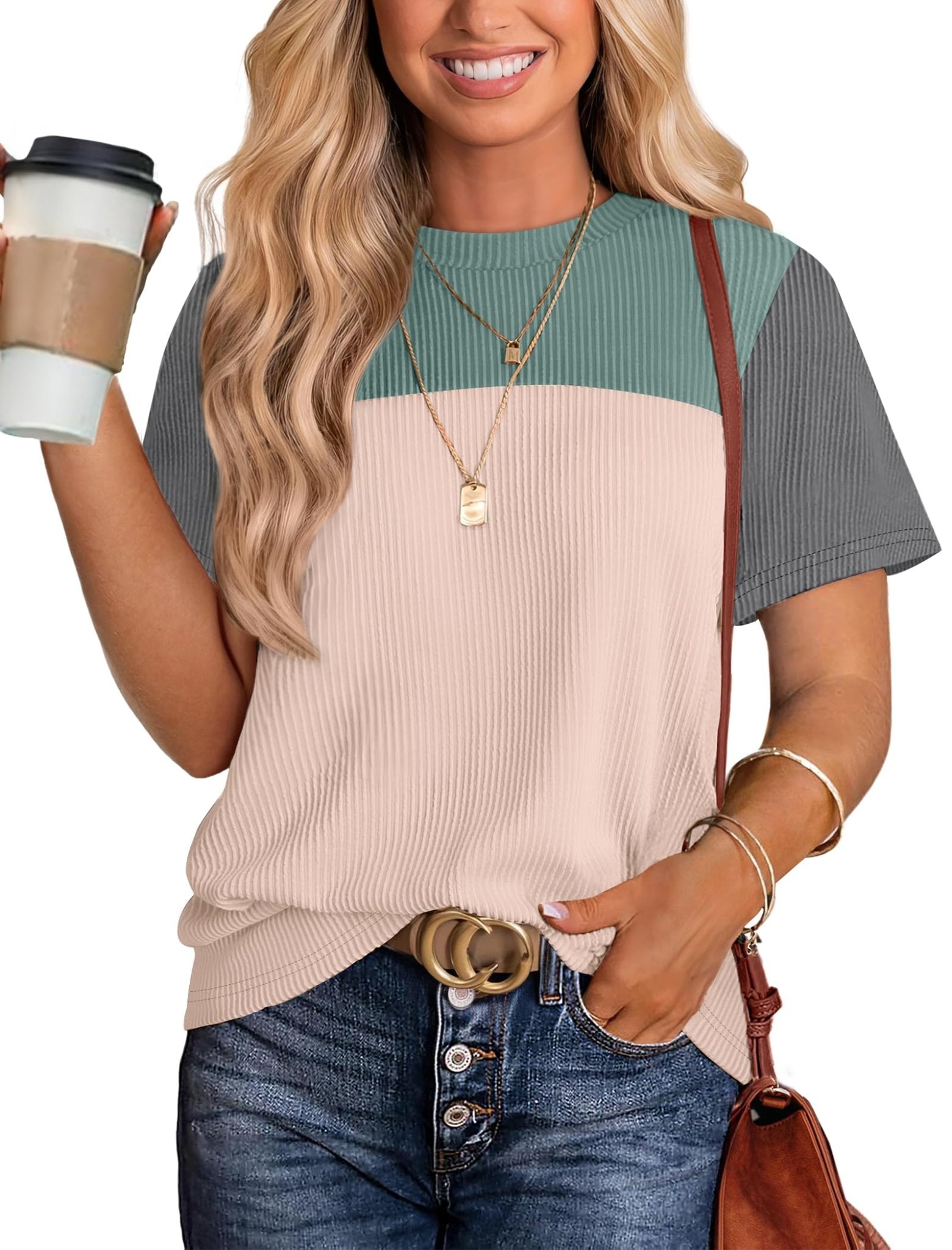 WIHOLL Womens Fashion 2025 Color Block Shirts Short Sleeve Crewneck Knitted Spring Summer Tops Casual Trendy - 7DAY'S