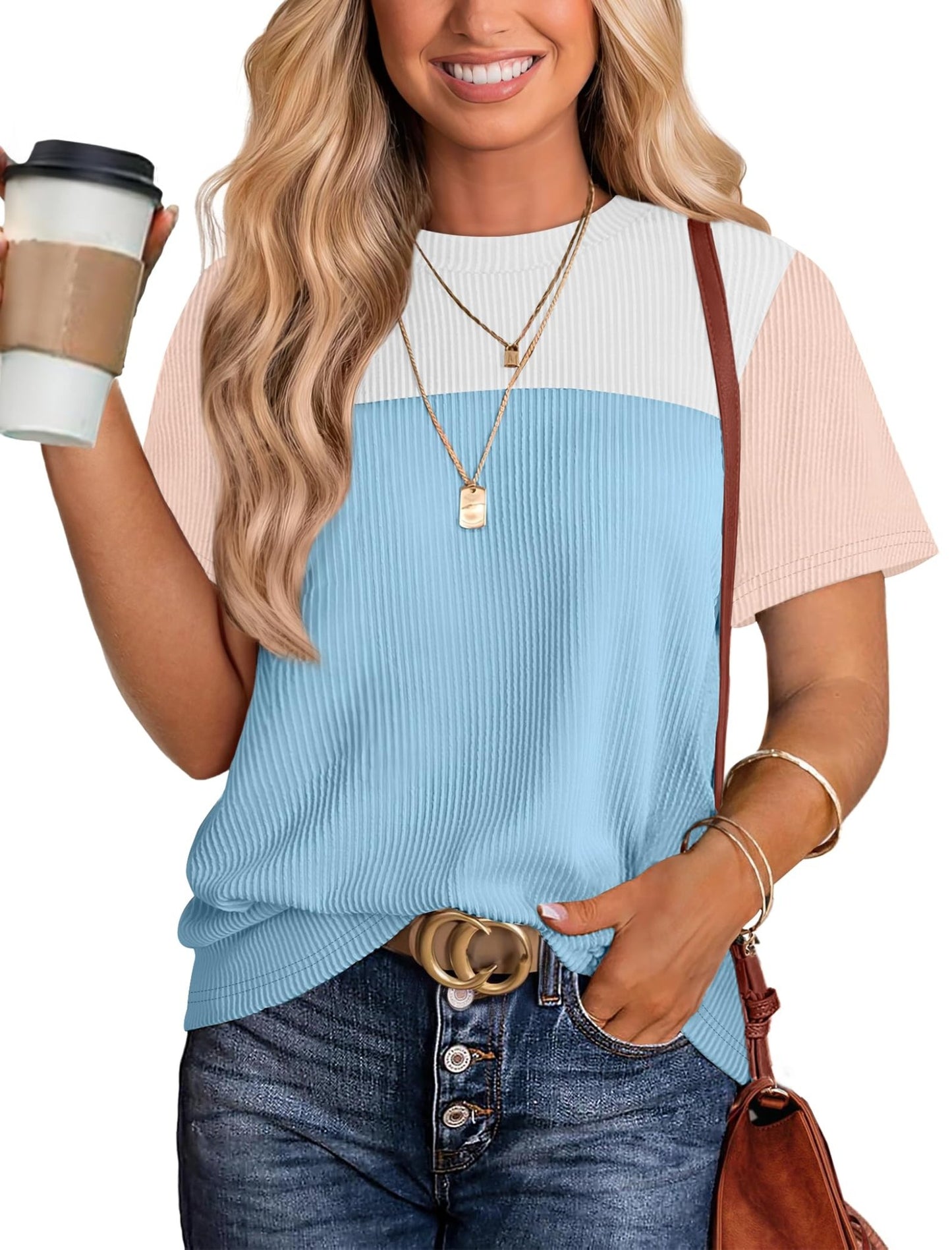 WIHOLL Womens Fashion 2025 Color Block Shirts Short Sleeve Crewneck Knitted Spring Summer Tops Casual Trendy - 7DAY'S