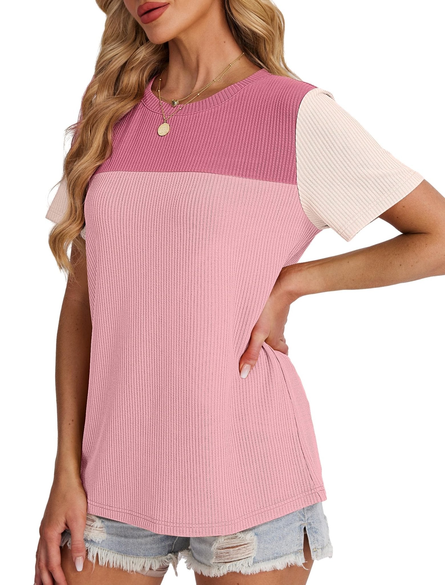 WIHOLL Womens Fashion 2025 Color Block Shirts Short Sleeve Crewneck Knitted Spring Summer Tops Casual Trendy - 7DAY'S