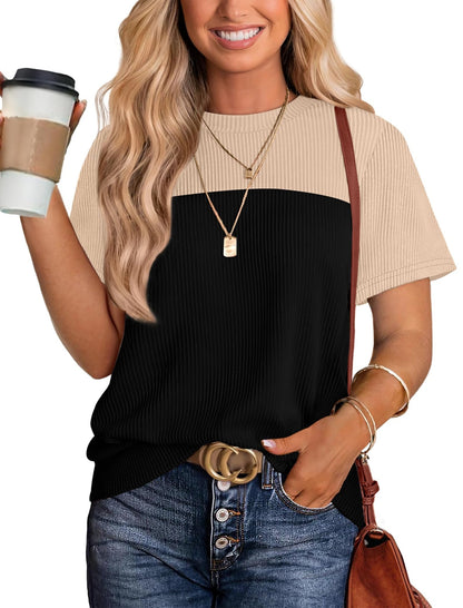 WIHOLL Womens Fashion 2025 Color Block Shirts Short Sleeve Crewneck Knitted Spring Summer Tops Casual Trendy - 7DAY'S