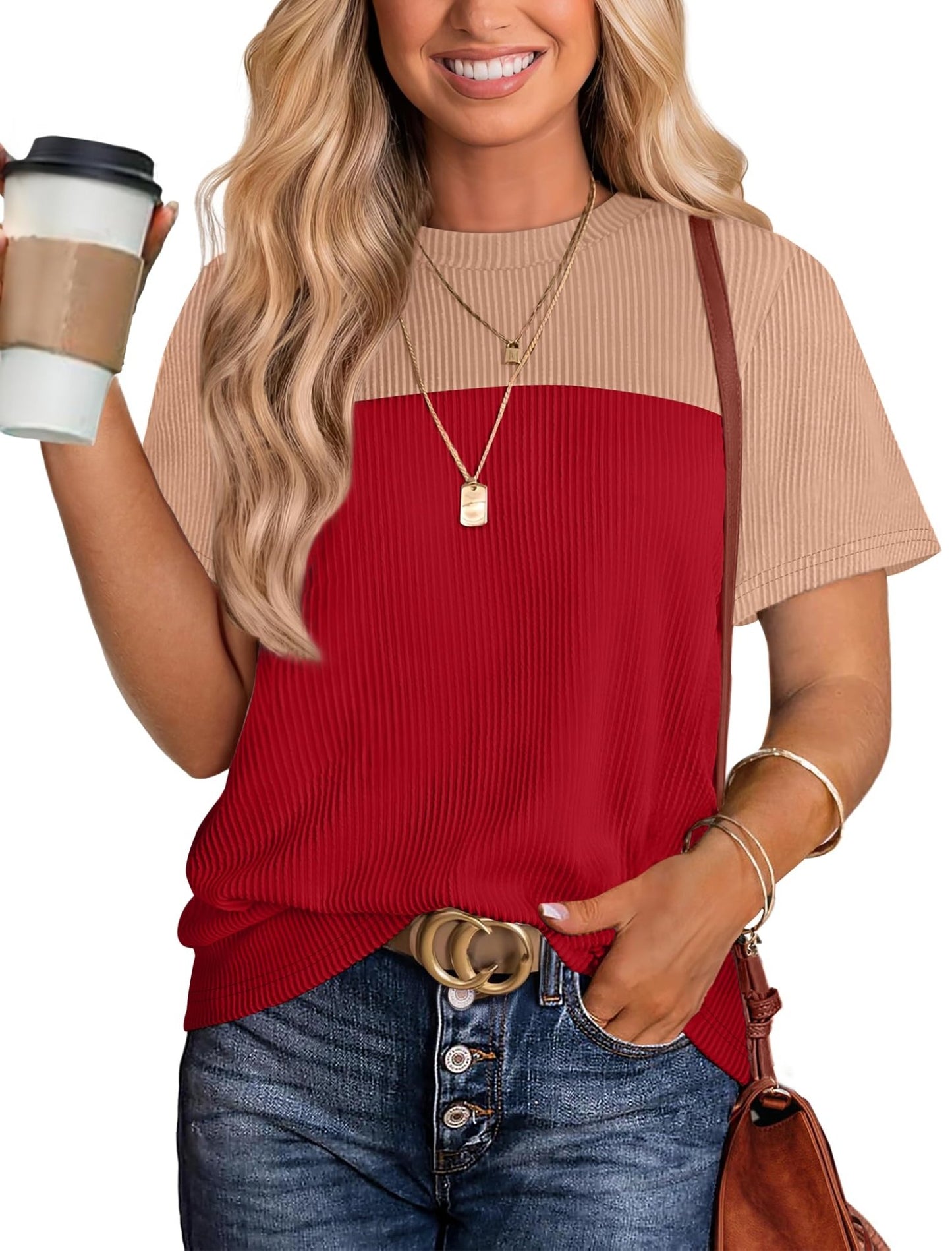 WIHOLL Womens Fashion 2025 Color Block Shirts Short Sleeve Crewneck Knitted Spring Summer Tops Casual Trendy - 7DAY'S