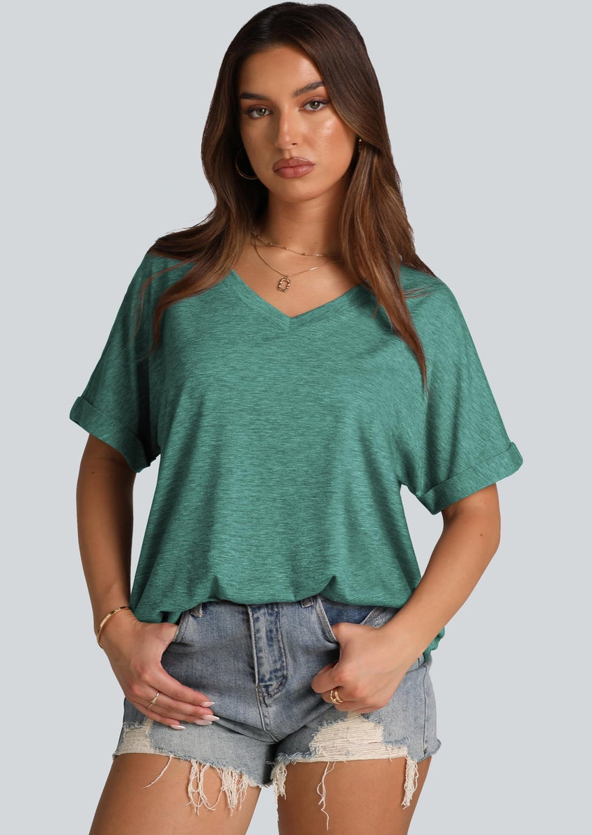 WIHOLL Womens Oversized Tshirts Summer Tops 2025 Short Sleeve V Neck Shirts Outfits Plus Size Clothes - 7DAY'S